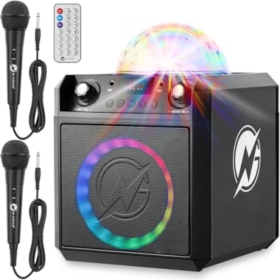 Abbildung von N GEAR Block Party 602 Partybox und Karaoke Maschine 100 Watt, 6 Stunden Akku, Discokugel Licht, Bluetooth, USB/SD MP3, 2 Mikrofon Musikbox &amp; Anlage mit Mikrofonen