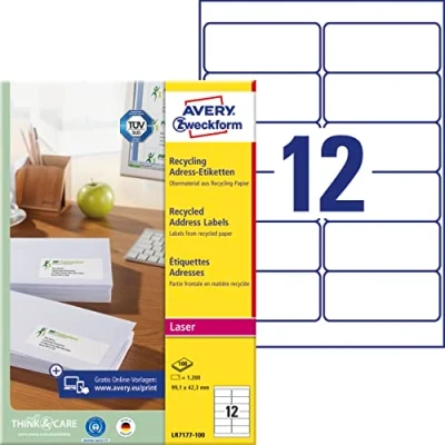 Abbildung von AVERY Zweckform LR7177 100 Recycling Etiketten (1.200 Adressaufkleber, 99,1x42,3mm auf A4, 100% recyceltes Altpapier, bedruckbar, selbstklebend, für DIN lang Briefkuverts) Blatt, naturweiß