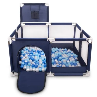 Abbildung von Selonis Laufstall Mit Korb Und 900 Bälle Laufgitter Für Kinder, Blau:Blau/Babyblue/Perle