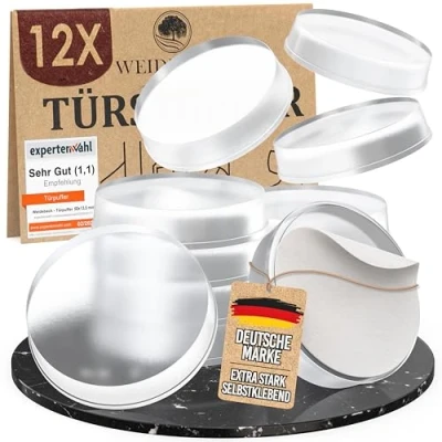 Abbildung von WEIDEBACH® 12x dezente Türpuffer transparent, Türstopper Wand selbstklebend 20x5 mm, Elastikpuffer transparent für Bad, Glasflächen, Wände, Gummistopper, Klebepunkte