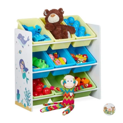 Abbildung von Relaxdays Kinderregal, 9 Aufbewahrungsboxen, Meerjungfrau Motiv, MDF, Kunststoff, Spielzeugregal HBT 67x65x31,5 cm, bunt