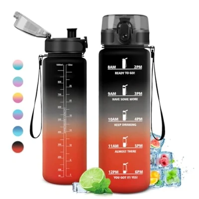 Abbildung von Trinkflasche 1L, Sport, Wasserflasche Auslaufsicher, Kohlensäure Geeignet, mit Zeitmarkierungen, Sportflasche für Erwachsener, Gym, Scuola, Ciclismo, Outdoor
