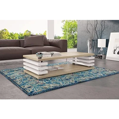 Abbildung von Design Couchtisch DC 3 Wohnzimmertisch Tisch Rollen, Farbe:Sonoma Eiche Weiß Hochglanz, Ausführung:ohne Rollen