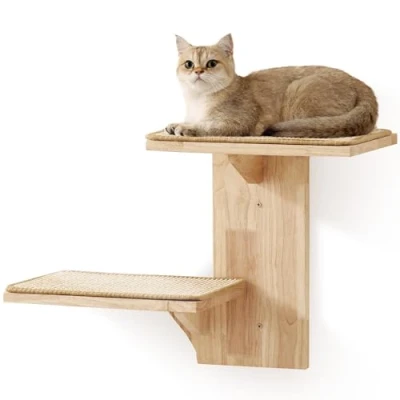 Abbildung von FUKUMARU Kletterwand Katze, 2 Plattform Katzen Wandmöbel aus Massives Gummiholz，40,6 cm Wandmontiertes mit Sisalmatte, Wandregale zum Klettern, Spielen, Kratzen