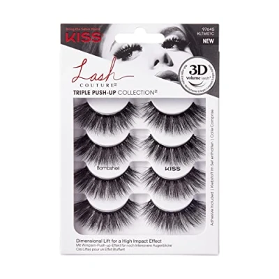 Abbildung von KISS Lash Couture Triple Push Up Collection 4 Paar künstliche Wimpern, Bombshell, Fake Lashes mit 3D Volumen, tierversuchsfrei, wiederverwendbar, inklusive Wimpernkleber Schwarz