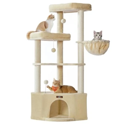 Abbildung von Feandrea Kratzbaum, Katzenbaum, 48,5 x 140,7 cm, Katzenkratzbaum mit großer Kuschelhöhle, großen Plattformen, Plüschbällen, Liegemulde, sandbeige PCT009Y01