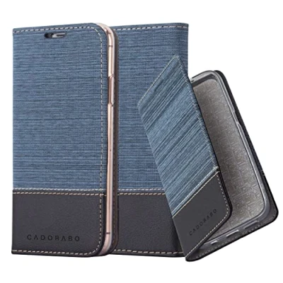 Abbildung von Cadorabo Hülle kompatibel mit Apple iPhone 13 Mini aus Premium Jeans und Kunst Leder Flip Klappbare Stoßfeste Magnetische [Standfunktion] [Kartenfächern] Cover für Tasche in Blau