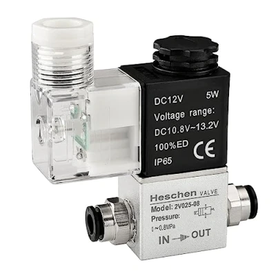 Abbildung von Heschen Aluminium, Elektrisches pneumatisches Magnetventil 2V025 08 12VDC PT1/4 2/2 Wege normalerweise geschlossen IP65 CE, Silberfarben / Schwarz
