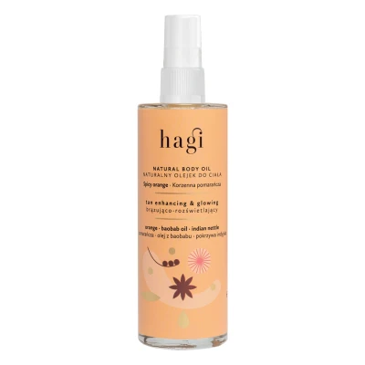 Abbildung von Hagi Natural Spicy Orange Körperöl, Body Oil Bronzieren und Aufhellen der Haut Schmierung, Verbessert die Bräune mit Orange, Baobab indischer Brennnessel 100 ml