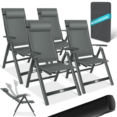 Abbildung von KESSER® Gartenstuhl Hochlehner mit Armlehnen 4er Set Aluminium Klappstuhl Kopfkissen &amp; Cover Campingstuhl 7 Fach Verstellbar Rückenlehne Atmungsaktiv Wetterfest Klappbar Anti Rutsch Schwarz