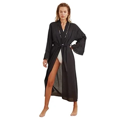 Abbildung von Trendyol Damen Strandmode, regulär, Basic, V Ausschnitt, gewebte Kimonos und Kaftans, Schwarz, 42