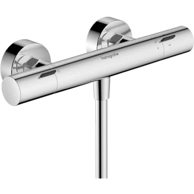 Abbildung von hansgrohe Ecostat Fine Duschthermostat Aufputz mit Temperaturbegrenzung und EcoStop+, Duscharmatur Sicherheitssperre (SafetyStop) bei 40 C, Thermostat Dusche, 1 Verbraucher, Chrom, 13323000