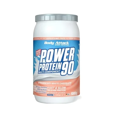 Abbildung von Body Attack Power Protein 90, Strawberry White Chocolate Cream 2 x 1 kg Made in Germany 5K Eiweißpulver mit Whey Protein, L Carnitin und BCAA für Muskelaufbau Fitness
