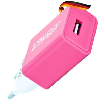 Abbildung von SCHWAIGER LAD300P 511 Ladegerät USB 2.0 A Ladeadapter für 230V Steckdosen Eurostecker Pink Rosa integriertes Multischutzsystem Smartphones Tablet iPhone Samsung Galaxy Huawei LG Google Pixel