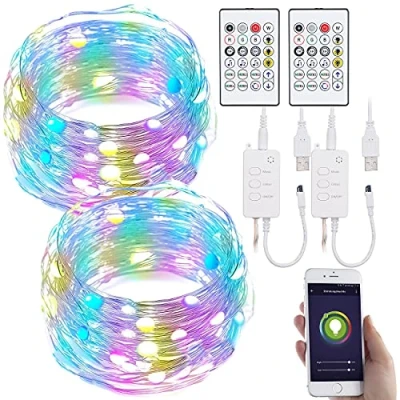 Abbildung von Luminea Home Control WiFi Lichterkette: 2er RGB LED Lichterdraht mit Musik Steueurung, WLAN und App, USB, 5 m (Lichterkette LED, Lichterkette, Solar Schlauch)