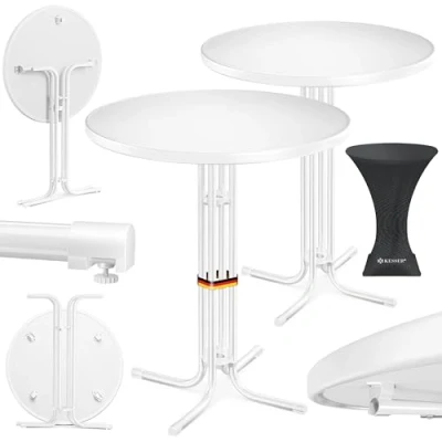 Abbildung von KESSER® Gastro Stehtisch klappbar Bistrotisch 2er Set Pulverbeschichtete Edelstahlplatte höhenverstellbare Füße Party Tisch Ø 80cm In &amp; Outdoor Empfangstisch inkl. Husse Klapptisch Weiß