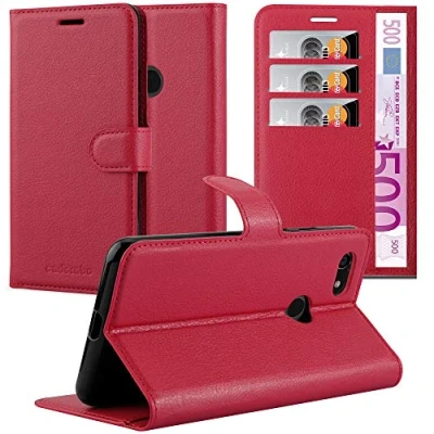Abbildung von Cadorabo Hülle kompatibel mit Google Pixel 3 XL Handyhülle aus Premium Kunst Leder Flip Klappbare Stoßfeste Magnetische [Standfunktion] [Kartenfächern] Cover für Tasche in Rot