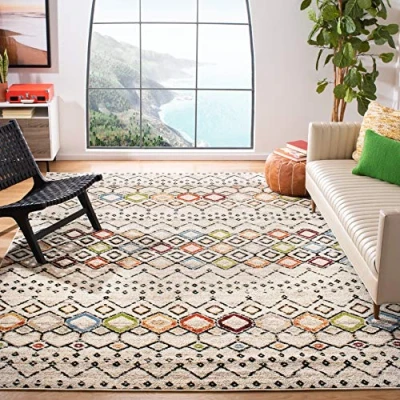 Abbildung von SAFAVIEH Boho Teppich für Wohnzimmer, Esszimmer, Schlafzimmer Amsterdam Collection, Kurzer Flor, Elfenbein und Multi, 244 X 305 cm