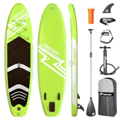 Abbildung von FBSPORT Aufblasbares SUP Board, Stand Up Paddling Aufblasbare Paddle Board für 15CM Dick, Surfbrett Kit mit Verstellbares Aluminium Paddel+Pumpe(FruitGreen)