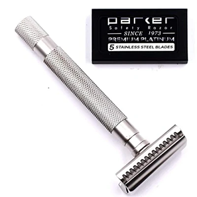 Abbildung von Parker&#039;s Semi Slant Rasierhobel und 5 Parker Premium Double Edge Rasierklingen Satin Chrome