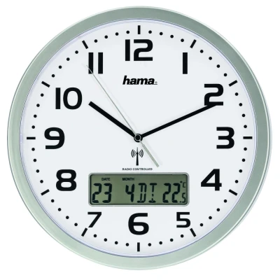 Abbildung von Hama Funk Wanduhr digital (große Funkuhr mit analoger Zeitanzeige, digitaler Kalender und Temperaturanzeige, inkl. Batterie) silber
