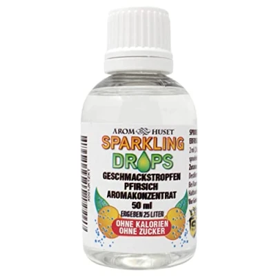Abbildung von Pfirsich Konzentrat Drops 1 Flasche 50 ml ergibt 25 Liter hochkonzentriertes Aroma ohne Zucker für Wassersprudler prickelnd Fertiggetränk kalorienarm Konservierungsstoffe
