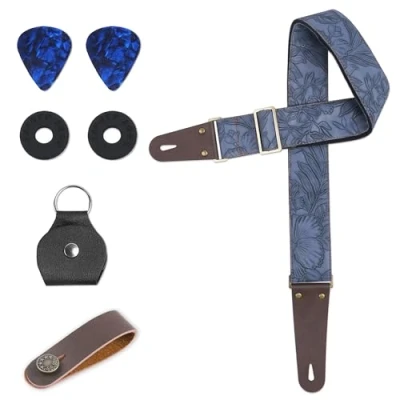 Abbildung von Czzmy Gitarrengurt, Verstellbarer Gitarren Gurt Gitarrenband Guitar Strap mit Lederenden Plektrum Knöpfe Gitarrenhals für E Gitarre Akustikgitarre Bass(1 Geschnitzt Dunkelblau)