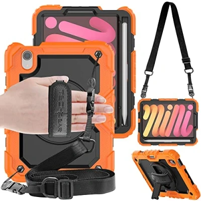 Abbildung von TECHGEAR Utility Hülle für iPad Mini 6 2021 6. Generation (8.3 Zoll) Robust Heavy Duty Stoßfeste Schutzhülle mit 360 Grad Schwenk ständer, Hand Schultergurt Eingebaut Bildschirm Orange
