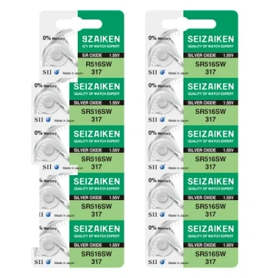Abbildung von Seizaiken Seiko 317 SR516SW Uhrenbatterie, 1,55 V, 0 % Hg, Silberoxid, 10 Batterien, hergestellt in Japan