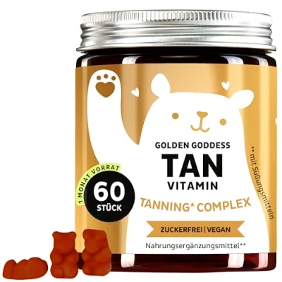Abbildung von Golden Goddess Tanning Gummies mit Lutein, Astaxanthin, Vitamin C, E, Beta Carotin, Calcium &amp; Kupfer 60 Stück (1 Monat Vorrat) Zuckerfrei, Vegan Bears with Benefits​