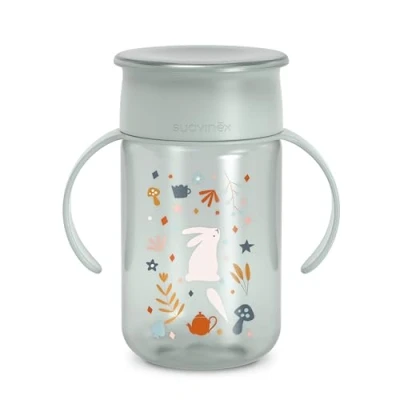 Abbildung von Suavinex, Trinklernbecher für Babys, mit auslaufsicherer Scheibe, Magic Cup Rand, auslaufsicher, 360 , abnehmbare Griffe, hygienischer Deckel, spülmaschinenfest, 340 ml, Wonderland, Grün