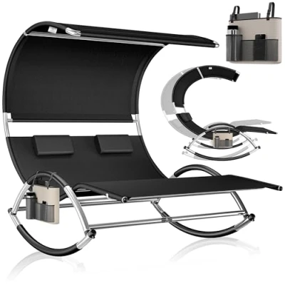 Abbildung von KESSER® Doppel Sonnenliege Doppelliege mit Sonnendach, Kopfkissen Tasche für 2 Personen, Relaxliege, Gartenliege, Schaukelliege ergonomische Liegefläche, 240 kg Belastung, Seitentasche, Schwarz