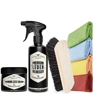Abbildung von Sparset Lederreiniger + Lederbalsam 4 Mikrofasertücher Polsterbürste zum Ledersitze reinigen und pflegen Professionelle Sitz Aufbereitung mit anhaltender Tiefenwirkung URBAN Forest 500ml