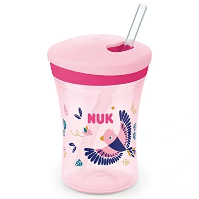Abbildung von NUK Action Cup Trinkbecher Kinder Chamäleon Effekt 12+ Monate Drehdeckel mit weichem Strohhalm auslaufsicher BPA frei 230 ml Vogel (rosa), Kunststoff