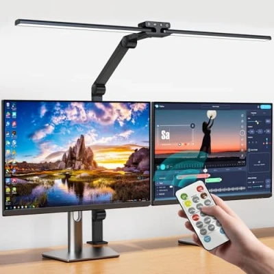 Abbildung von KableRika Schreibtischlampe LED Dimmbar, 24W Doppelkopf Klemmbar mit Fernbedienung, Augenschutz Schreibtischleuchte für Homeoffice, büro tageslichtlampe beleuchtung, Monitor Lampe
