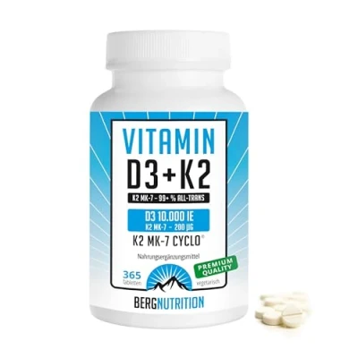 Abbildung von Berg Nutrition Vitamin D3 10.000 I.E + 200 µg K2 99+% ALL Trans, 365 vegetarische Tabletten hochdosiert u. teilbar, Premium D Tabletten, 3 und K 2
