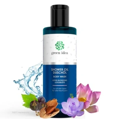 Abbildung von green idea duschöl Lotusblume mit Traubenkernöl für trockene Haut natürliche Zutaten naturkosmetik SLES frei VEGAN 200 ml