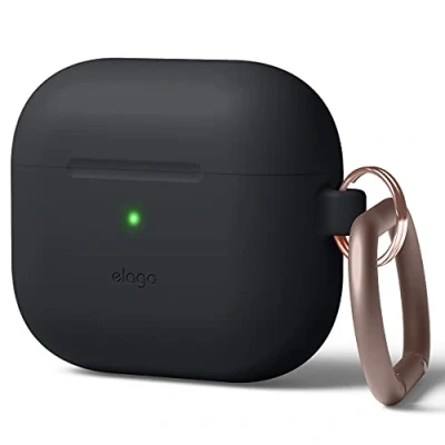Abbildung von elago Silikon Hülle mit Karabiner Kompatibel AirPods 3 Case Cover Hochwertiges Silikon, Unterstützt Kabelloses Laden, Stoßfester Schutz, Rundumschutz (Schwarz)