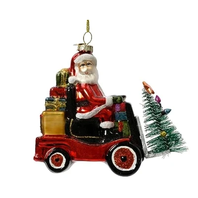 Abbildung von Kaemingk Christbaumschmuck Glas 12cm Weihnachtsmann auf Gabelstapler mit Tannenbaum und Geschenken Weihnachtskugeln mundgeblasen Rot/Grün