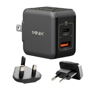 Abbildung von MINIX NEO P1 Mini 33W PPS 2 Port GaN Ladegerät 1 USB C Schnellladegerät, A Schnellladegerät 3.0. Kompatibel mit iPhone 8 15 Serie, Galaxy S10 S21, Pad und mehr.