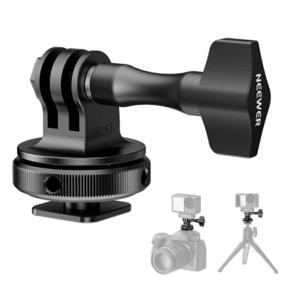 Abbildung von NEEWER Action Kamera Cold Shoe Mount Adapter, kompatibel mit GoPro Zubehör Go Pro DJI Insta360 AKASO, Metall Hot Halterung 1/4&quot; Gewinde für Mini Stativ Selfie Stick, 180 Neigung, GP 63