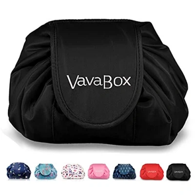 Abbildung von Lazy Kosmetikbeutel mit Kordelzug Portable Große Kosmetiktasche Reisetasche Make up Beutel Aufbewahrung Organisator für Damen Mädchen (Schwarze Stickerei)