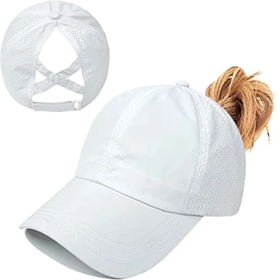 Abbildung von Pferdeschwanz Baseballkappe Damen Sommer Einstellbare Schnell trocknende Masche Atmungsaktiv Baseballmütze Unisex Criss Cross Hüte Sport Mütze (Weiß)