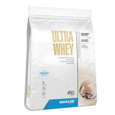 Abbildung von Maxler Ultra Whey Protein 22 g pro Portion Reines Pulver Molkenprotein Konzentrat, Isolat, Hydrolysat Mit BCAA Schokolade &amp; Kokoschips 450g