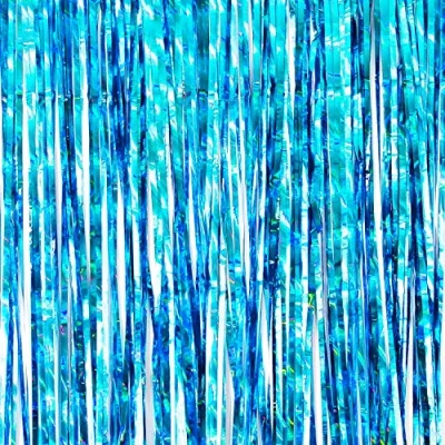 Abbildung von Oblique Unique® Lametta Vorhang 100x200 cm für Weihnachten Silvester Geburtstag Party Feier Fasching Karneval Dekoration Blau Gold Bronze Grün Silber wählbar (Hellblau (irisierend))