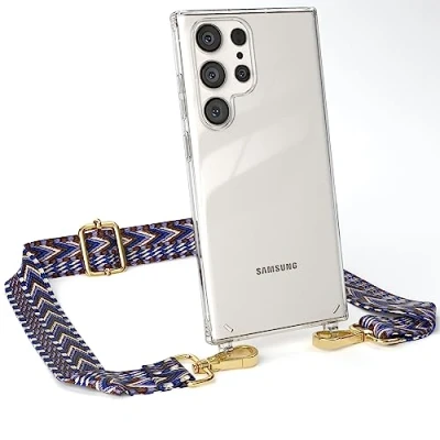 Abbildung von EAZY CASE Handykette Flexibler Trageriemen kompatibel mit Samsung Galaxy S23 Ultra, Schultergurt zum Umhängen, Taschenriemen, Band austauschen, Wechselgurt, Blau/Weiß Metall Gold