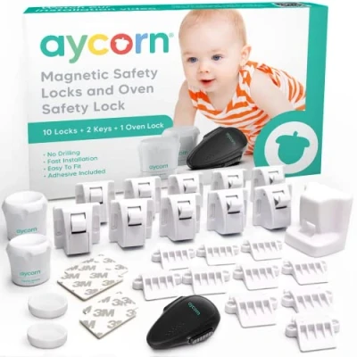 Abbildung von Aycorn Magnetisches Schrankschloss&amp; Backofen Kindersicherung Schubladen &amp; Schranksicherung Baby ohne Bohren Einfache Montage, BONUS Video 10 Schlösser, 2 Schlüssel, 1 Ofenschloss