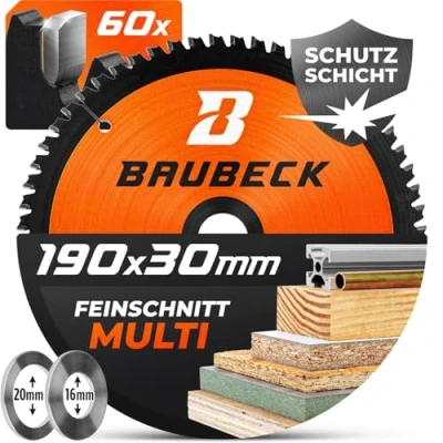 Abbildung von BAUBECK Sägeblatt 190x30 inkl. 20mm/16mm Reduzierringe Multi Material Feinschnitt Kreissägeblatt für Holz, Aluminium, Metall uvm. 190x20 und 190x16