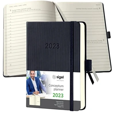 Abbildung von SIGEL C2311 Terminplaner Tageskalender 2023 ca. A6 schwarz Hardcover 400 Seiten Gummiband, Stiftschlaufe, Archivtasche PEFC zertifiziert Conceptum