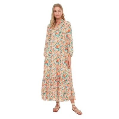 Abbildung von TRENDYOL Damen Bloem patroon half patch rock end frilly geweven jurk Dress, Orange, 38 EU